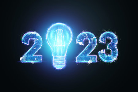 Happy new year, neon numbers 2023 on a dark background. Holiday card, magazine style, banner, website header, web poster, template for advertising, poster. 3D illustration, 3D renderingの写真素材