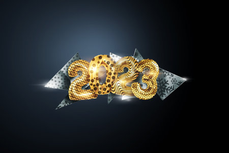 Happy new year 2023, golden inflatable balloons on a dark background, confetti. Holiday card, magazine style, banner, website header, web poster, template for advertising. 3D illustration, 3D rendering.の写真素材