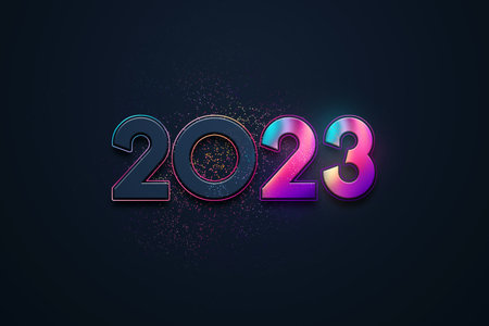 Creative background Happy new year 2023, colorful numbers. Holiday card, magazine style, banner, website header, web poster, template for advertising. 3D illustration, 3D rendering.の写真素材