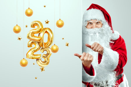 Creative Christmas background 2023, Jolly Santa Claus. Holiday card, magazine style, banner, website header, web poster, template for advertising. 3D illustration, 3D renderingの写真素材
