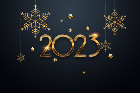 Happy new year, golden numbers 2023 on a dark background. Holiday card, magazine style, banner, website header, web poster, template for advertising, poster. 3D illustration, 3D renderingの写真素材