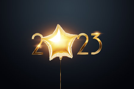 Happy new year, golden numbers 2023 on a dark background. Holiday card, magazine style, banner, website header, web poster, template for advertising, poster. 3D illustration, 3D renderingの写真素材