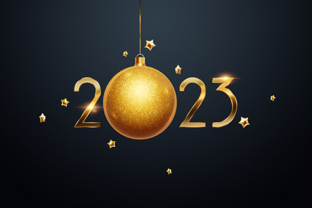 Happy new year, golden numbers 2023 on a dark background. Holiday card, magazine style, banner, website header, web poster, template for advertising, poster. 3D illustration, 3D renderingの写真素材