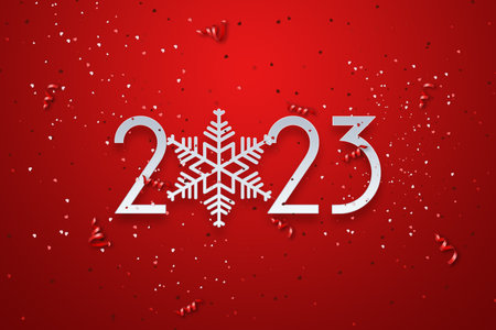 2023 Creative background, numbers, confetti, gifts. Holiday card, magazine style, banner, website header, web poster, template for advertising, poster 3D illustration 3D renderの写真素材