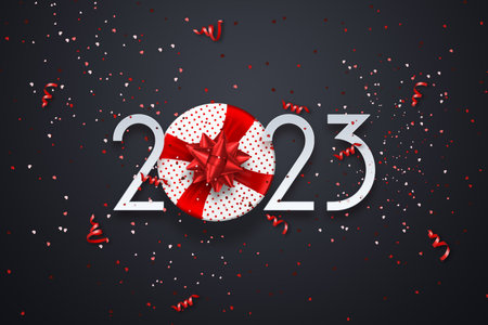 2023 Creative background, numbers, confetti, gifts. Holiday card, magazine style, banner, website header, web poster, template for advertising, poster 3D illustration 3D renderの写真素材