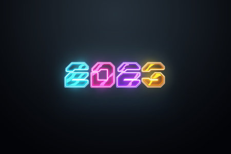 Happy new year, neon numbers 2023 on a dark background. Holiday card, magazine style, banner,...