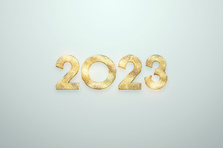 Happy new year, golden numbers 2023 on a white background. Holiday card, magazine style, banner, website header, web poster, template for advertising, poster. 3D illustration, 3D renderingの写真素材