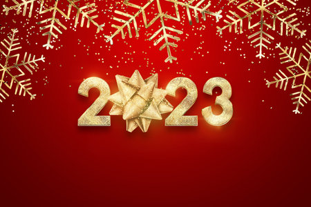 Happy new year, golden numbers 2023 on a red background. Holiday card, magazine style, banner, website header, web poster, template for advertising, poster. 3D illustration, 3D renderingの写真素材