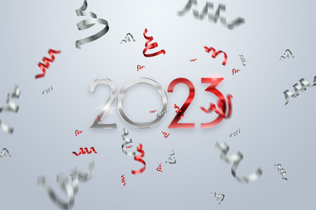 Creative background 2023, happy new year. Holiday card, magazine style, banner, website header, web poster, template for advertising. 3D illustration, 3D render, 3D figuresの写真素材