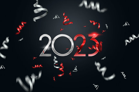 Creative background 2023, happy new year. Holiday card, magazine style, banner, website header, web poster, template for advertising. 3D illustration, 3D render, 3D figuresの写真素材