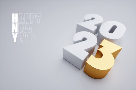 Creative background 2023, inscription happy new year. Holiday card, magazine style, banner, website header, web poster, template for advertising. 3D illustration, 3D render, 3D figuresの写真素材