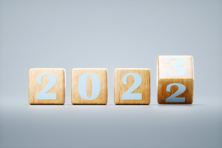 Creative background 2023, happy new year. Holiday card, magazine style, banner, website header, web poster, template for advertising. 3D illustration, 3D render, 3D figuresの写真素材