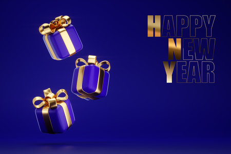 Creative Christmas background, cartoon gifts, gold. Holiday card, magazine style, banner, website header, web poster, template for advertising. 3D illustrationの写真素材