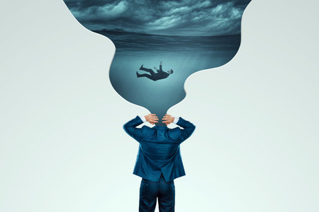 Stress, depression, emotional burnout. The body of a man falling from the sky to the bottom. Unhappy, in a bad mood. Modern design, magazine styleの写真素材