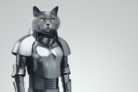 the head of an animal on a human body, the head of a cat in knightly armor. modern design, magazine style.の写真素材