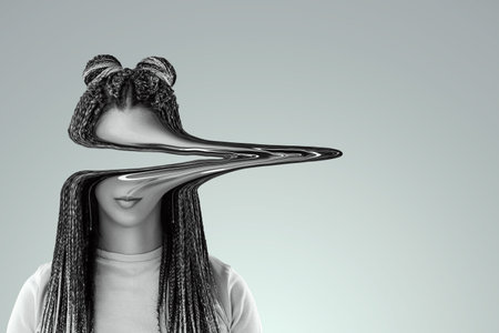 Stress, depression, emotional burnout. Distorted face of a girl. Symbol Pessimism, loneliness, problems, unhappy person. Modern design magazine styleの写真素材