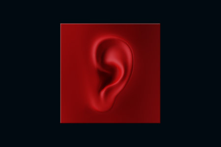 Human ear close-up in red. Symbol, icon, music streaming, music app, podcast, audio book. Modern design, magazine style, 3D render, 3D illustrationの写真素材