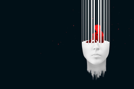 Modern design, concept of depression, melancholy, pessimism, loneliness. Red depressed man behind bars in the head. Unhappy, sad man in a bad mood. 3D rendering, 3D illustrationの写真素材