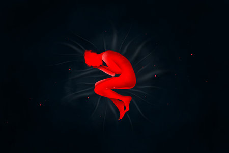 Depression, silhouette of a girl in a fetal position. A symbol of problems, pessimism, loneliness, there is no way out. Unhappy, sad person. Modern design, magazine style, 3D render, 3D illustrationの写真素材