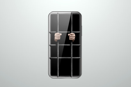 human hands hold on to the bars on the smartphone screen. Addiction to social networks, Internet addiction. social disease. Modern design, magazine styleの写真素材