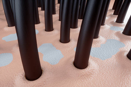 Fungal disease of the skin, dandruff on the scalp. An enlarged image of the hair and scalp. Germs and blisters or pimples on the head. 3D illustration, 3D renderingの写真素材