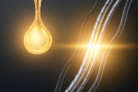 Oil for restoring hair health. Human Hair and a drop of oil close-up. The concept of hair care, hairdressing, spa. 3D illustration, 3D renderingの写真素材