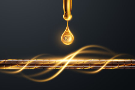 Oil for restoring hair health. Human Hair and a drop of oil close-up. The concept of hair care, hairdressing, spa. 3D illustration, 3D renderingの写真素材