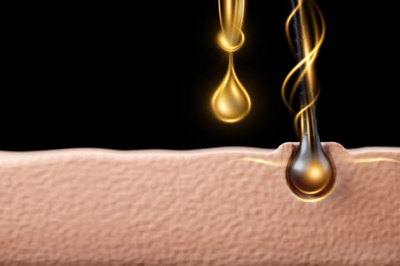 Oil for restoring hair health. Hair follicle and carl oil close-up. The concept of hair care, hairdressing, spa. 3D illustration, 3D renderingの写真素材