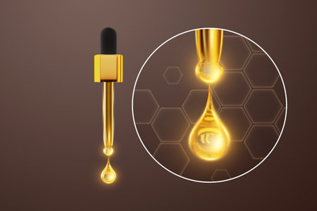 Oil for restoring hair health. Human Hair and a drop of oil close-up. The concept of hair care, hairdressing, spa. 3D illustration, 3D renderingの写真素材