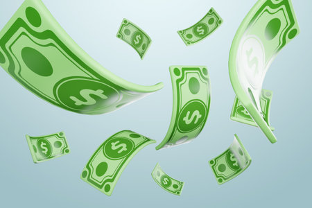 Minimalistic image of dollars, banknotes of money in a cartoon style. 3D illustration, 3D rendering. Modern design, magazine styleの写真素材