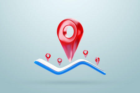 Concept guidebook, navigator. Red map location symbol, sign or navigation locator, gps map, pointer, waypoint marker. 3D illustration, 3D renderingの写真素材