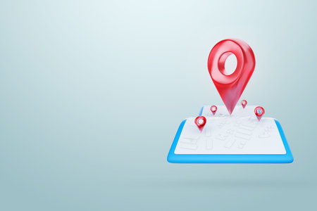 Concept guidebook, navigator. Red map location symbol, sign or navigation locator, gps map, pointer, waypoint marker. 3D illustration, 3D renderingの写真素材