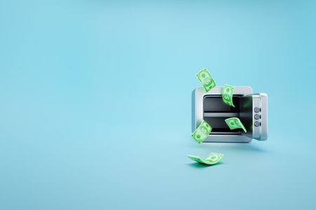 Concept of crisis, inflation, bankruptcy, debts. Open metal safe with the rest of the money. 3D illustration, 3D rendering. Modern design, magazine styleの写真素材