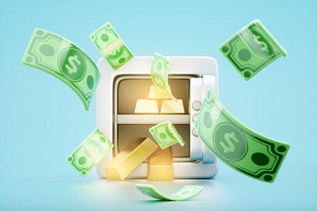 Open metal safe with money inside, gold bars, dollar bills. 3D illustration, 3D rendering. Modern design, magazine style, cartoon styleの写真素材