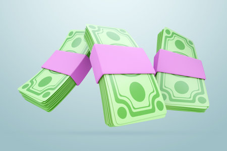Minimalistic image of dollars, banknotes of money in a cartoon style. 3D illustration, 3D rendering. Modern design, magazine styleの写真素材