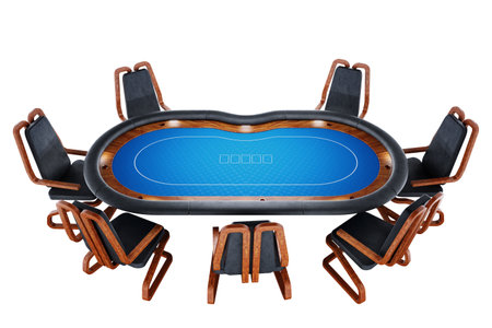 Top view poker table, poker room. Poker game, casino, Texas hold'em, online game, card games. 3D rendering, 3D illustration. Modern design, magazine style.の写真素材