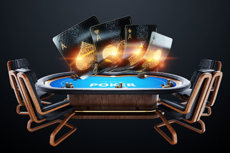 Banner concept of casino, poker table. Poker game, online game, card games. Modern design, Magazine style, 3D render, 3D illustrationの写真素材