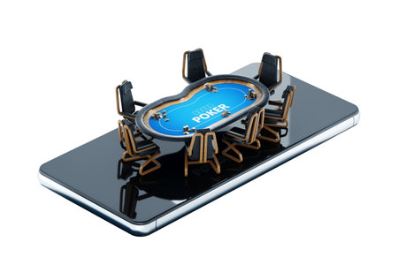 Poker online, poker table on smartphone screen, poker room. Poker game, online casino, Texas hold'em, application, card games. Modern design, magazine style. 3D rendering, 3D illustration.の写真素材
