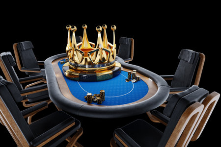 Poker tournament, poker online, big crown on the poker table. Poker game, online casino, Texas hold'em, application, card games. Modern design, magazine style. 3D rendering, 3D illustration.の写真素材
