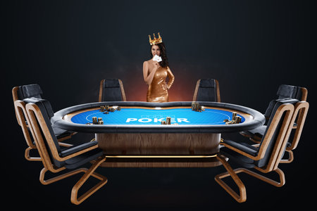 Croupier girl at the poker table, poker room. Poker game, casino, Texas hold'em, online game, card games. Modern design, magazine styleの写真素材