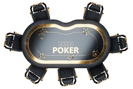 Top view poker table, poker room. Poker game, casino, Texas hold'em, online game, card games. 3D rendering, 3D illustration. Modern design, magazine style.の写真素材