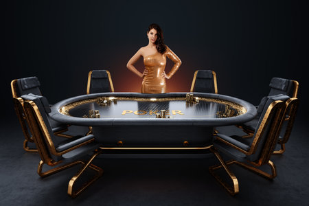 Croupier girl at the poker table, poker room. Poker game, casino, Texas hold'em, online game, card games. Modern design, magazine styleの写真素材