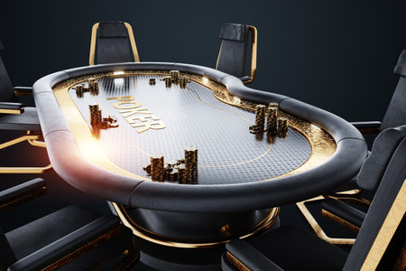 Luxury poker table, black and gold style, poker room. Poker game, casino, online game, card games. Modern design, Magazine style, 3D render, 3D illustrationの写真素材