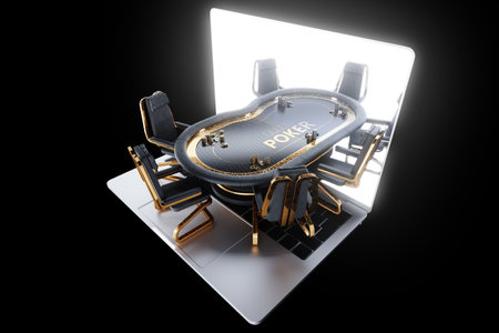 Poker online, poker table in laptop screen, poker room. Poker game, online casino, Texas hold'em, application, card games. Modern design, magazine style. 3D rendering, 3D illustration.の写真素材