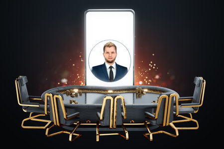 Poker online, player's smartphone at the poker table, poker room. Poker game, online casino, Texas hold'em, application, card games. Modern design, magazine styleの写真素材