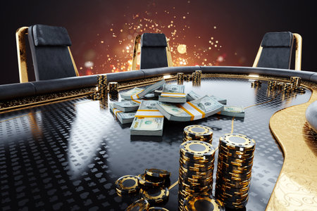 Banknotes in US dollars lie on the poker table. The concept of casino, poker, gambling. Modern design, magazine style. 3D rendering, 3D illustrationの写真素材