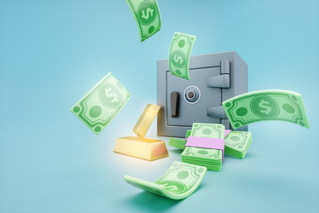 Open metal safe with money inside, gold bars, dollar bills. 3D illustration, 3D rendering. Modern design, magazine style, cartoon styleの写真素材