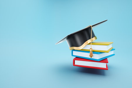 Graduation cap on books. Tuition fees, college loans. College, high school or university graduate. 3d illustration, 3d rendering. Modern design, magazine styleの写真素材