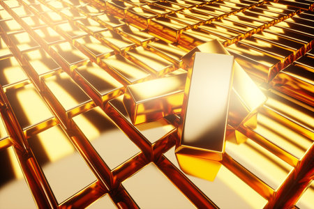 Gold bars, gold. The concept of protection of savings, saving money, finance, investment. 3D illustration, 3D renderingの写真素材
