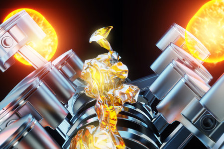 Fire in the engine cylinder, fuel ignition, the principle of operation of the internal combustion engine. Pistons, connecting rods and crankshaft. B-12, repair, car. 3D rendering, 3D illustrationの写真素材